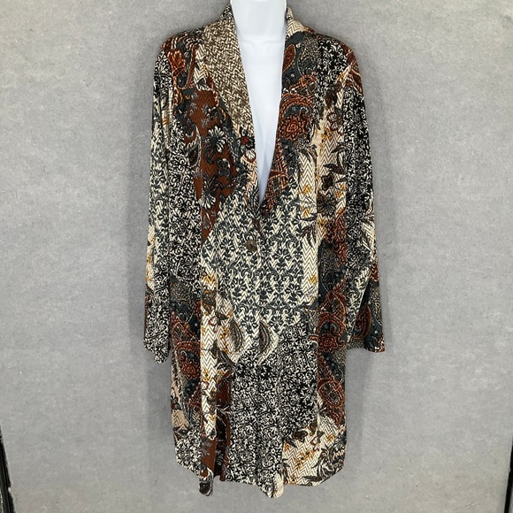 Susan Graver 3X Kimono Duster Jacket Brown Beige Floral Paisley Print Bohemian - Picture 1 of 13